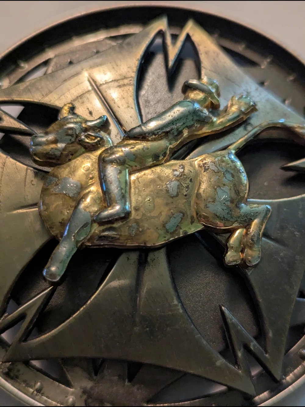 Vintage Rodeo Bull Rider Belt Buckle Spinner Maltese Cross TwoTone Metal Western